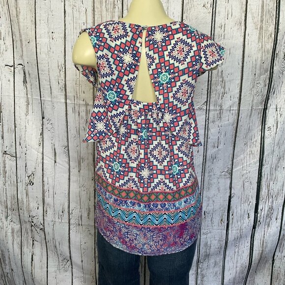 Anthropology Meadow Rue Sz 2 Square Neck Flutter Sleeve Blouse Mosaic Tile Top - Picture 3 of 5